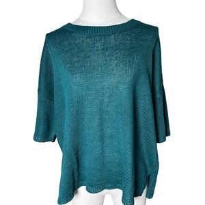 Boxy Linen Knit Top Teal Short Sleeve Relaxed Fit POETRY Womens 12